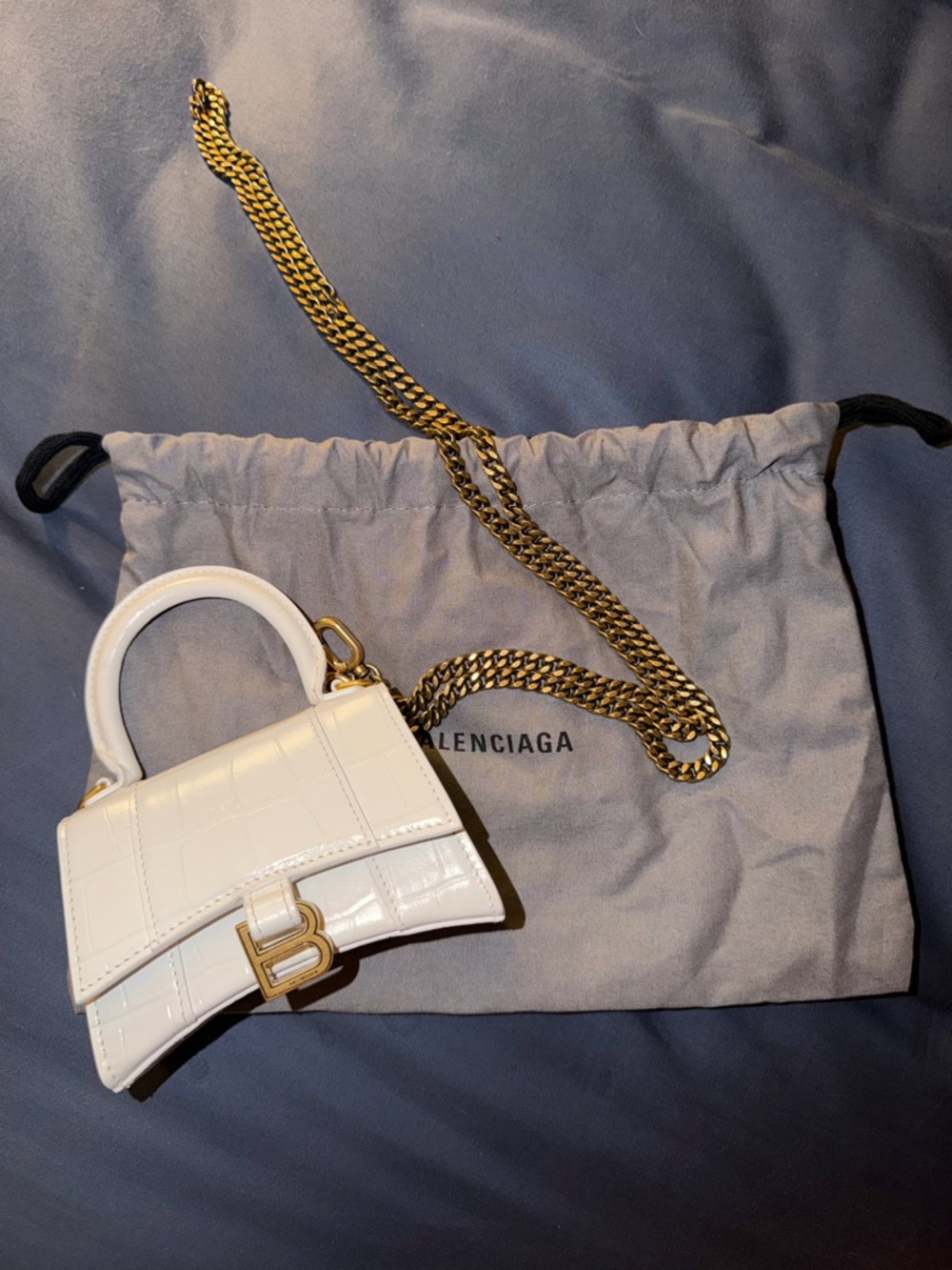 Balenciaga White Croc-Embossed Mini Hourglass Top-Handle Bag with Gold Chain